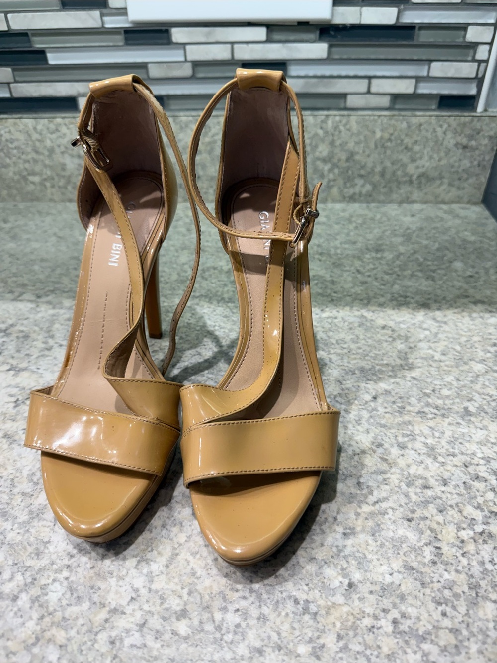 Gianni Bini Tan Patent Leather Ankle-Strap High Heels